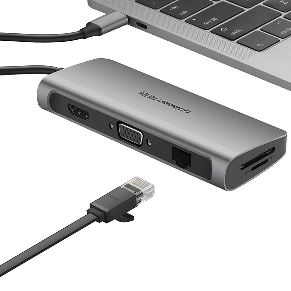 Bộ chuyển USB C to HDMI + VGA + USB 3.0 + LAN 1Gbps + Card Reader đa năng Ugreen 40873