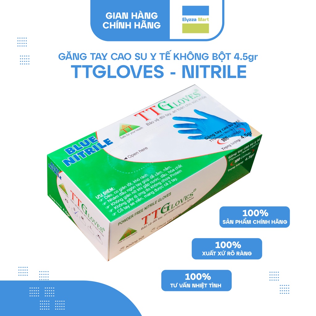 Găng Tay Y Tế Nitrile Không Bột Cao Cấp TTGloves Màu Xanh (Hộp 100 Chiếc)