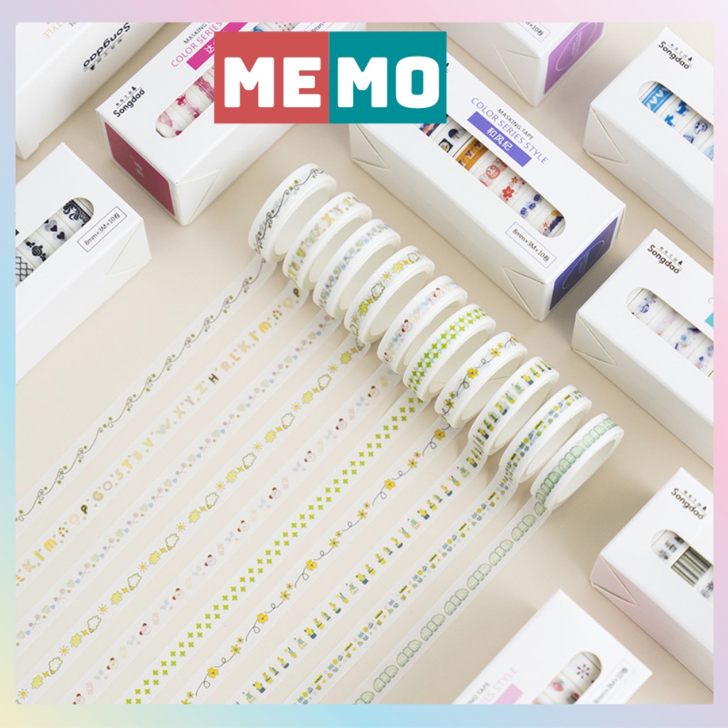 Băng dính washi tape MEMO hộp 10 cuộn nhiều mẫu cute