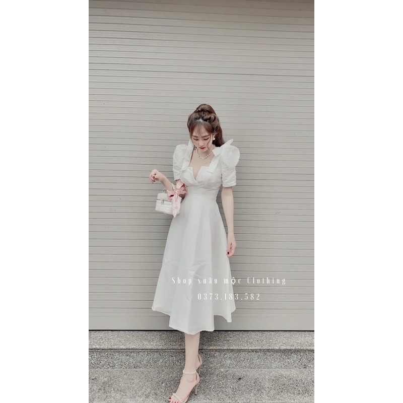 [HÀNG CAO CẤP] Đầm dự tiệc Lụa nơ vai xẻ ngực kiểu tay bồng sang trọng | BigBuy360 - bigbuy360.vn