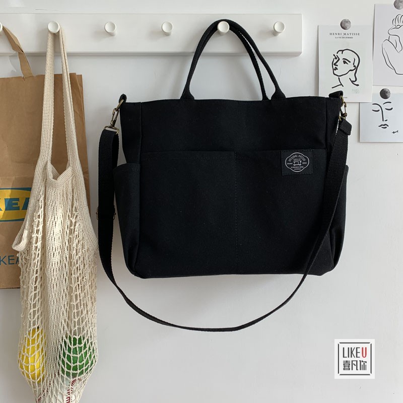 Túi đeo vai Ielgy vải canvas với ngăn chứa lớn đơn giản trẻ trung hợp thời trang