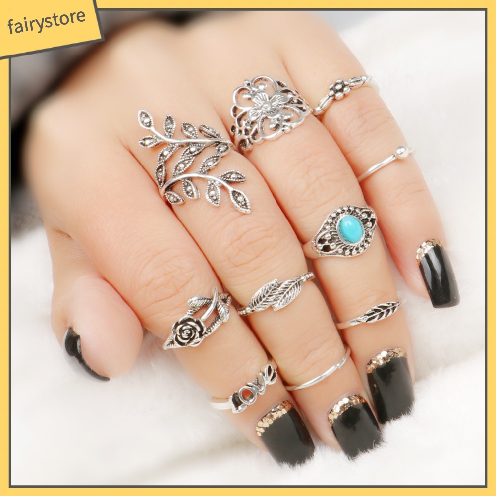 Bộ 10 Nhẫn Đeo Tay Phong Cách Retro Xinh Xắn