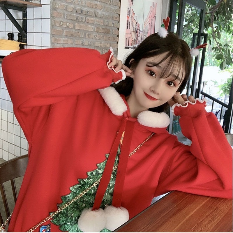 Áo hoodie lót nhung tay dài họa tiết giáng sinh dễ thương