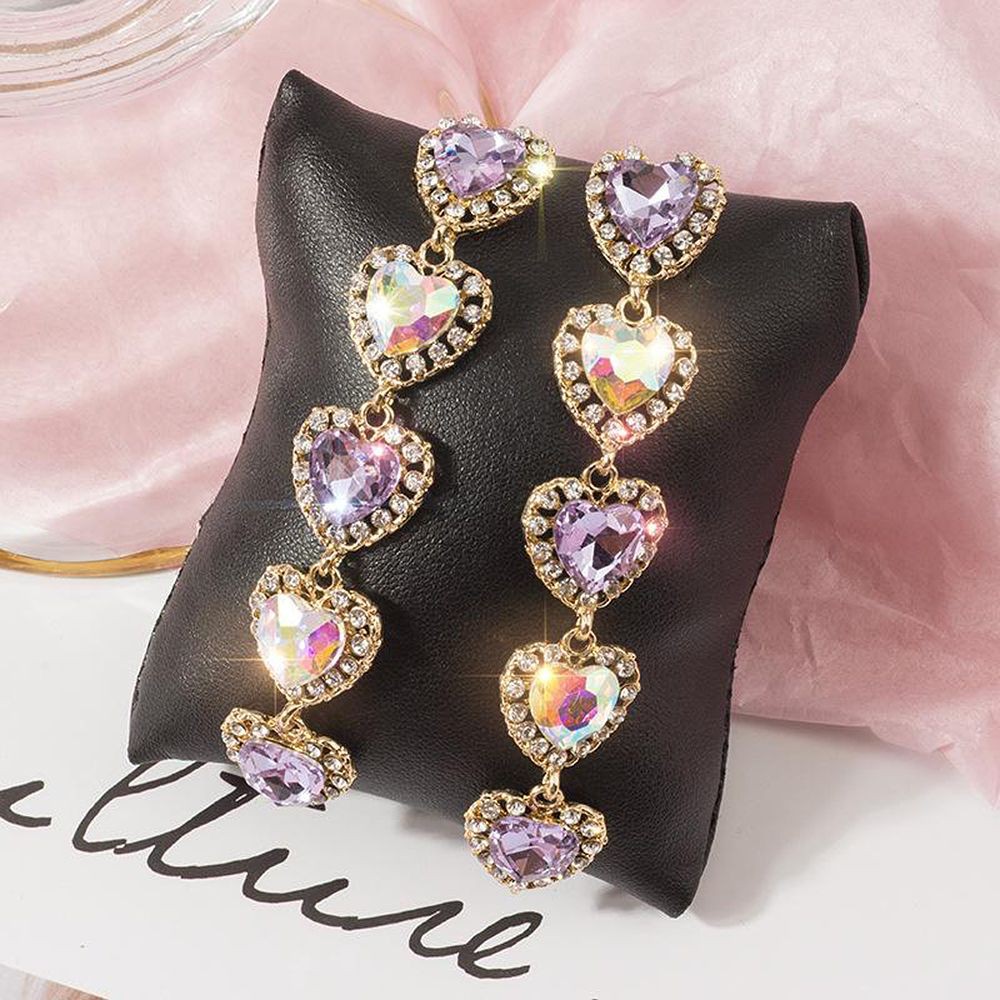 Hoa tai dáng dài gắn pha lê hình trái tim thời trang cho nữ