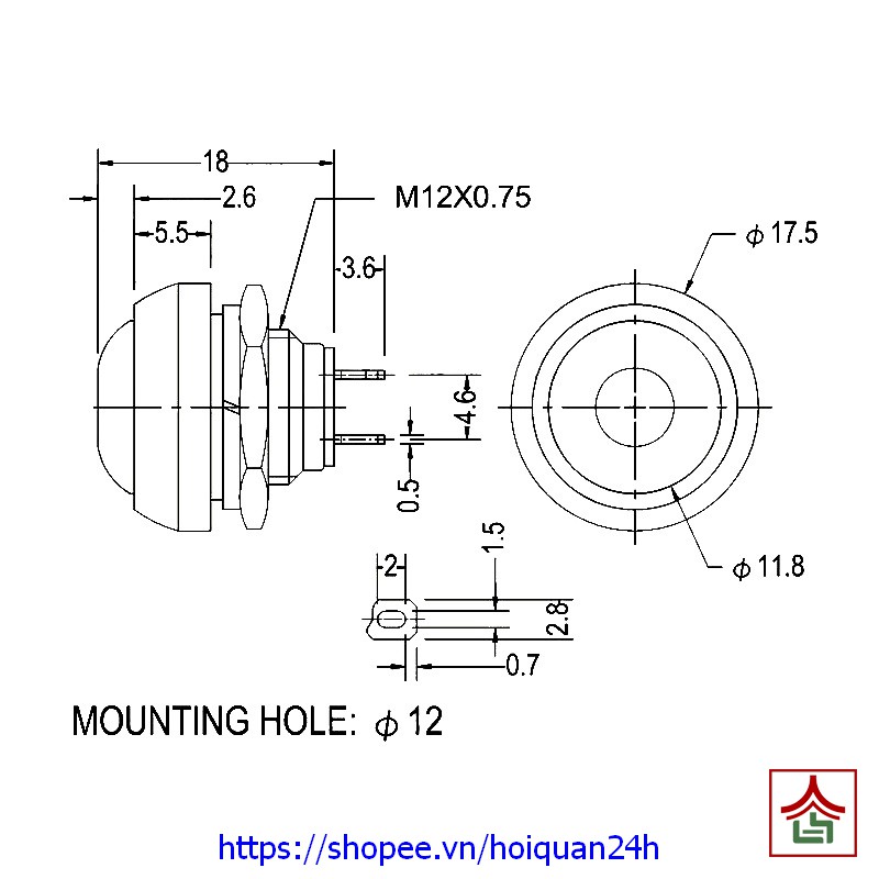 Nút Công Tắc Nhấn Nhả Chống Nước 12mm Cao Cấp Lắp Đèn Còi Đề Xe Máy