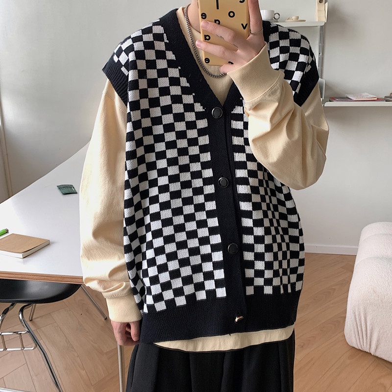 Áo khoác len không tay cổ chữ V họa tiết sọc caro phong cách retro thời trang Hàn Quốc cho nam