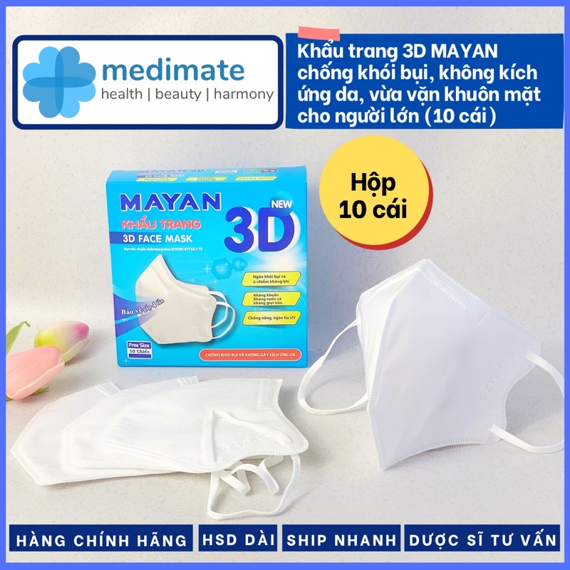 Khẩu trang MAYAN 3D chống khói bụi, không kích ứng da, vừa vặn khuôn mặt cho người lớn (hộp 10 cái)