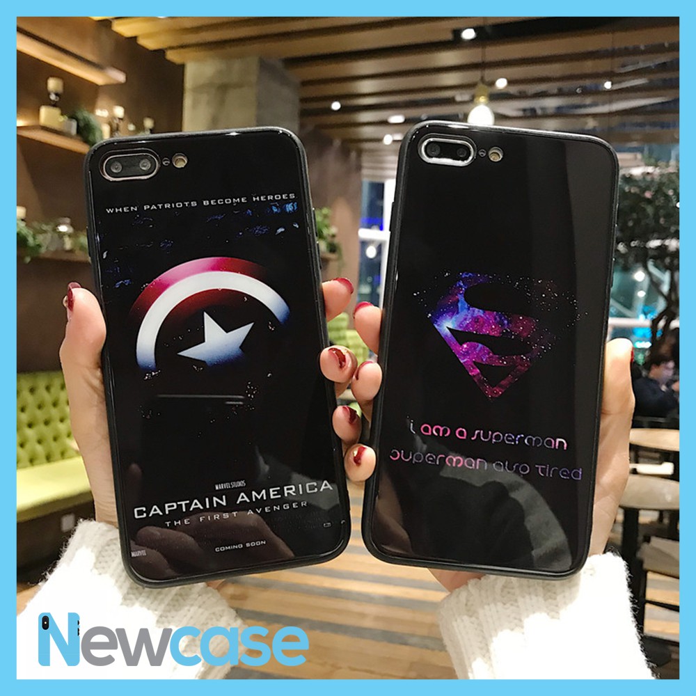 Ốp lưng đôi mặt lưng kính cường lực siêu anh hùng Captain và Superman 2 cho Iphone 6, 6plus, 7, 7plus, 8, 8plus, X