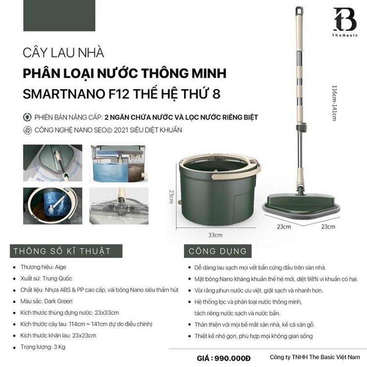 Chổi Lau Nhà Thông Minh Smart Nano, Cây Lau Nhà F12 Xoay 360 Độ - Miếng Lau Tròn Siêu Thấm Chất Bẩn