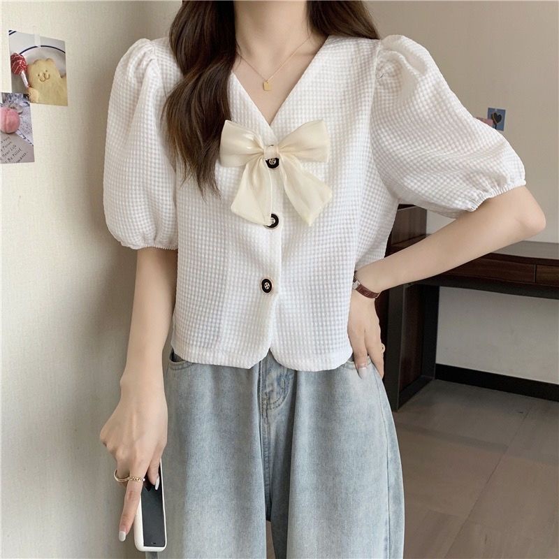 Áo Sơ Mi chiffon Ngắn Dáng Rộng Cổ Chữ V Tay Phồng Phong Cách Hàn Quốc Thời Trang Cho Nữ NZ-CS-31
