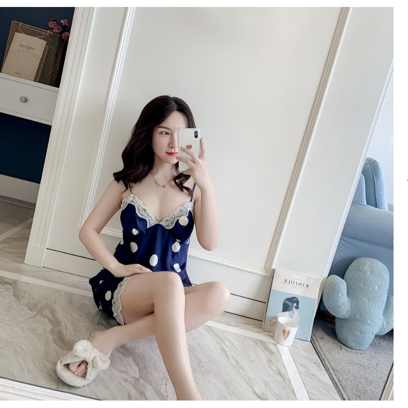 HISEXY Đồ Bộ Ngủ Chấm Bi Có Mút Ngực Quần Cộc Lụa Satin Có Mút Ngực MS38 | BigBuy360 - bigbuy360.vn