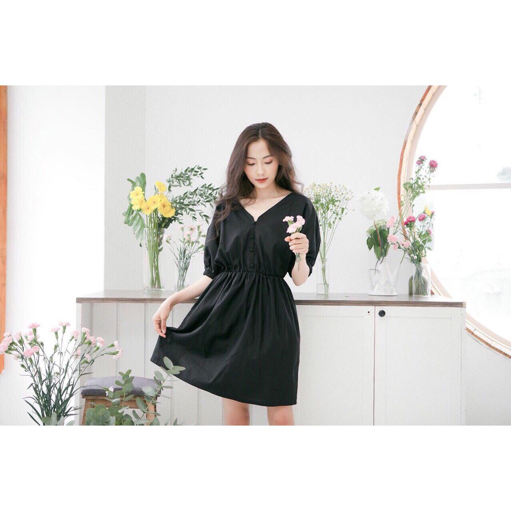 (kèm hình thật) Milin Dress - Váy đen bọc nút đơn giản - D396
