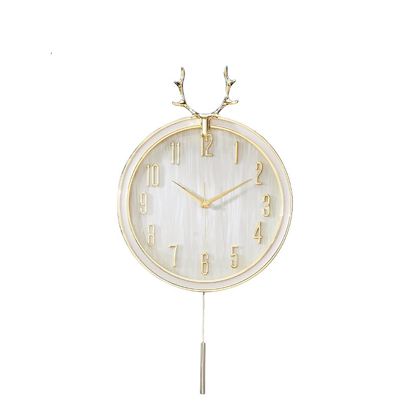 Đồng hồ treo tường đầu hươu lắc trụ SENCOM, đồng hồ trang trí decor mạ vàng sang trọng - E10