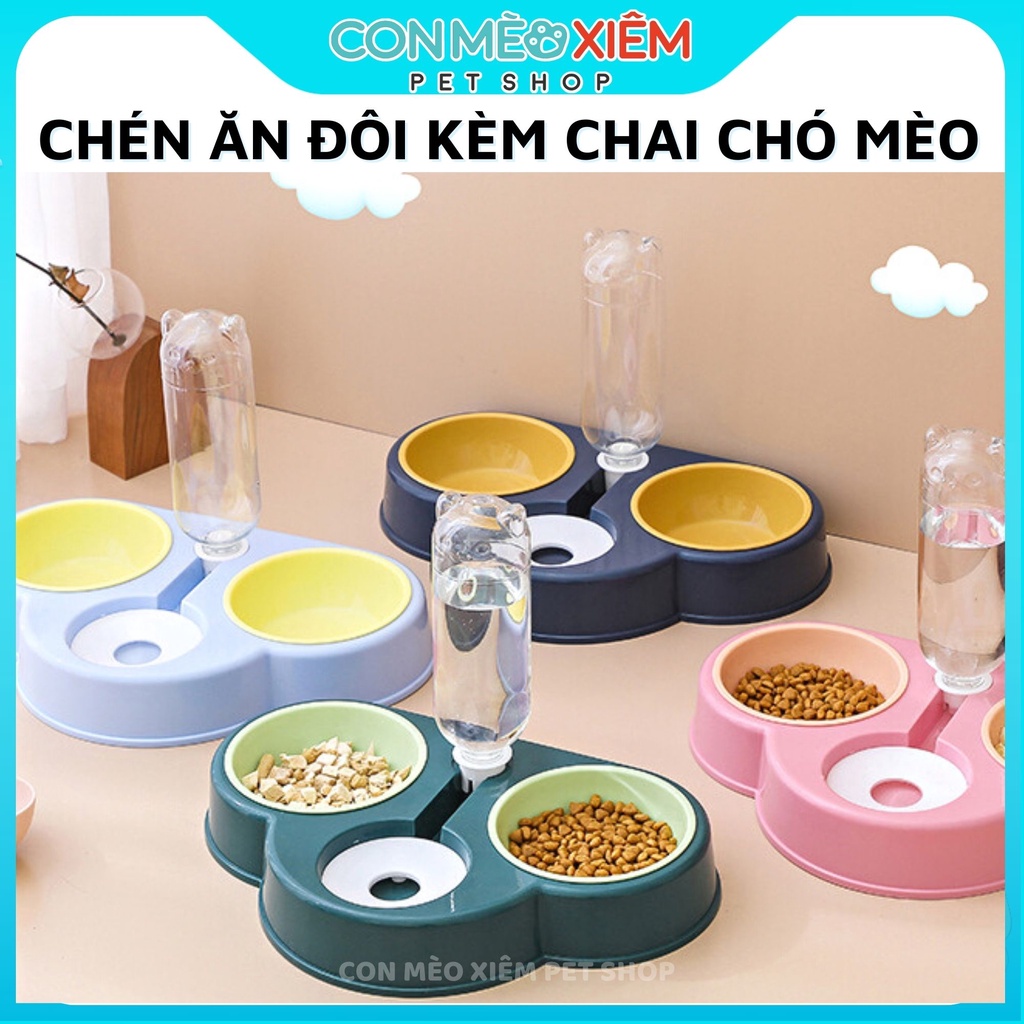 Chén ăn cho chó mèo bát đôi ba nhựa đựng thức ăn khay có chai nước, phụ kiện thú cưng Con Mèo Xiêm