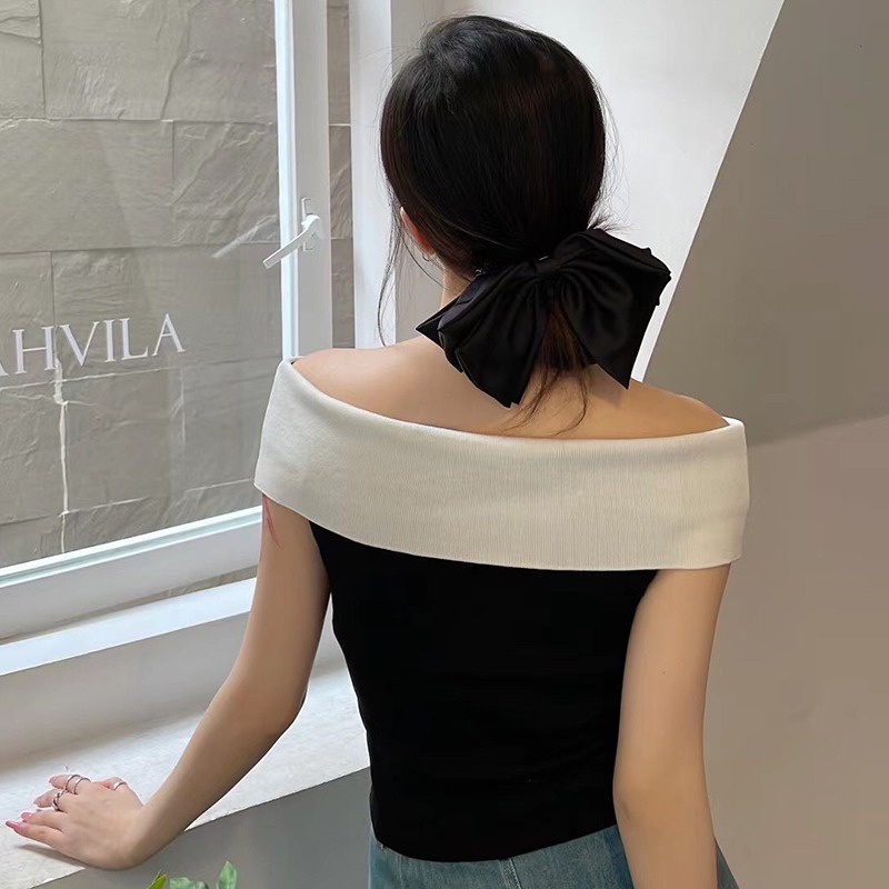 Áo Croptop Dệt Kim Trễ Vai Tay Ngắn Dáng Ôm Kẻ Sọc Màu Tương Phản Kiểu Retro Thời Trang Cho Nữ