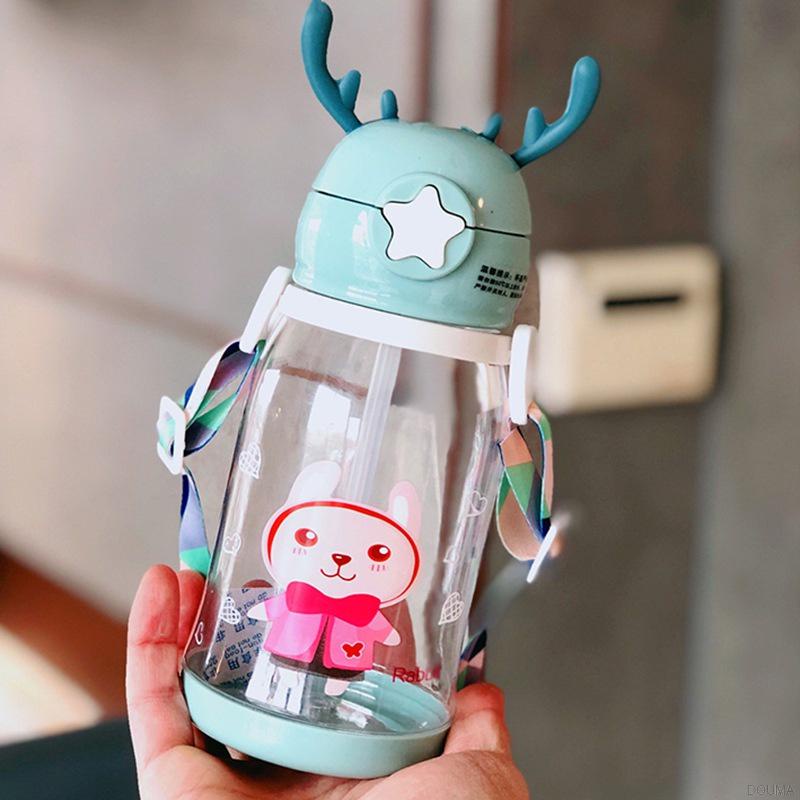 Bình nước nhựa có ống hút hình sừng hươu hoạt hình dễ thương dung tích 600ml