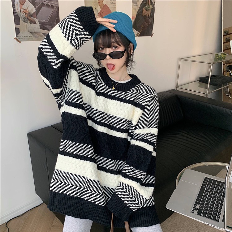 Áo len nữ hàn quốc form rộng kẻ sọc ngang 2021, áo sweater nữ len form rộng dệt kim