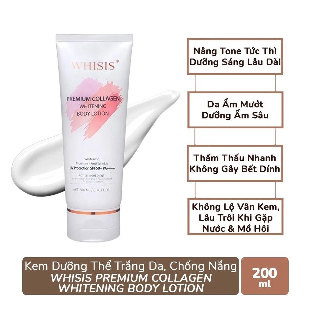 Kem Dưỡng Thể Trắng Da Chống Nắng Nâng Tone WHISIS Premium Collagen Whitening Body Lotion 200ml
