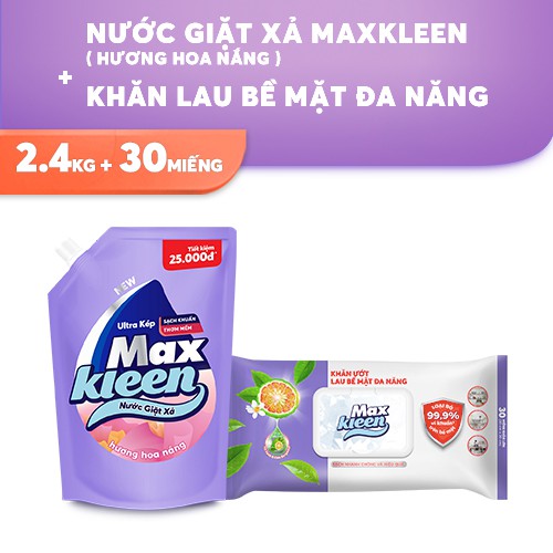 Combo Túi Nước Giặt Xả 2.4kg + Khăn Lau Bề Mặt Đa Năng Maxkleen