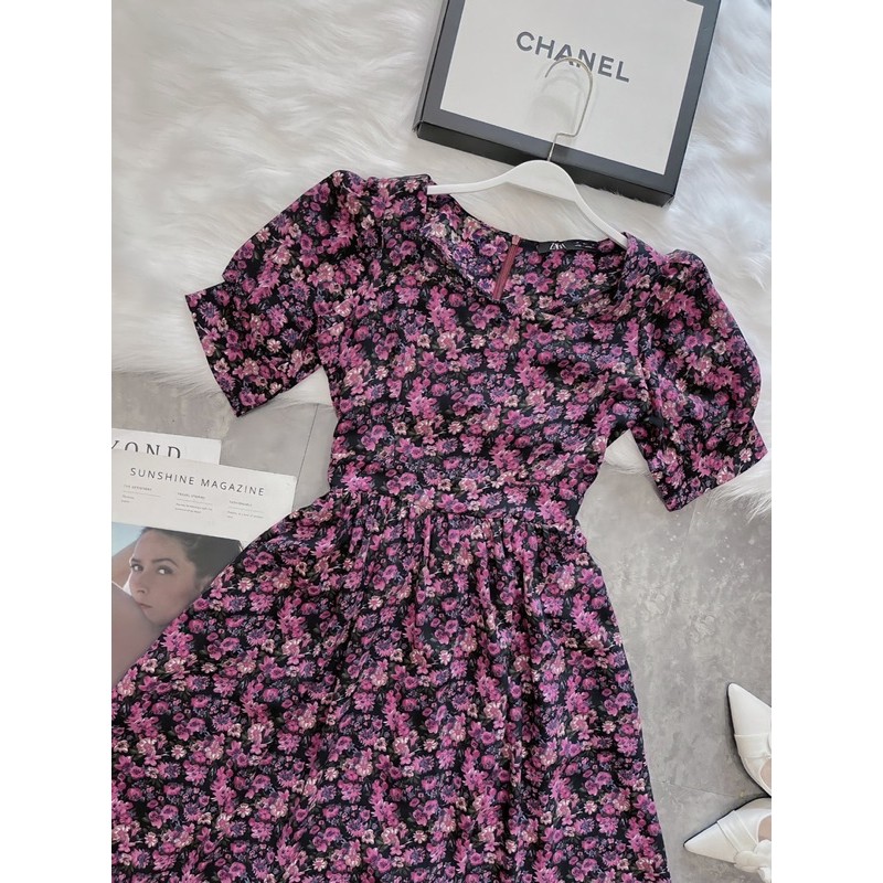 VNU239 - VÁY HOA TÍM HỒNG CỔ VUÔNG | BigBuy360 - bigbuy360.vn