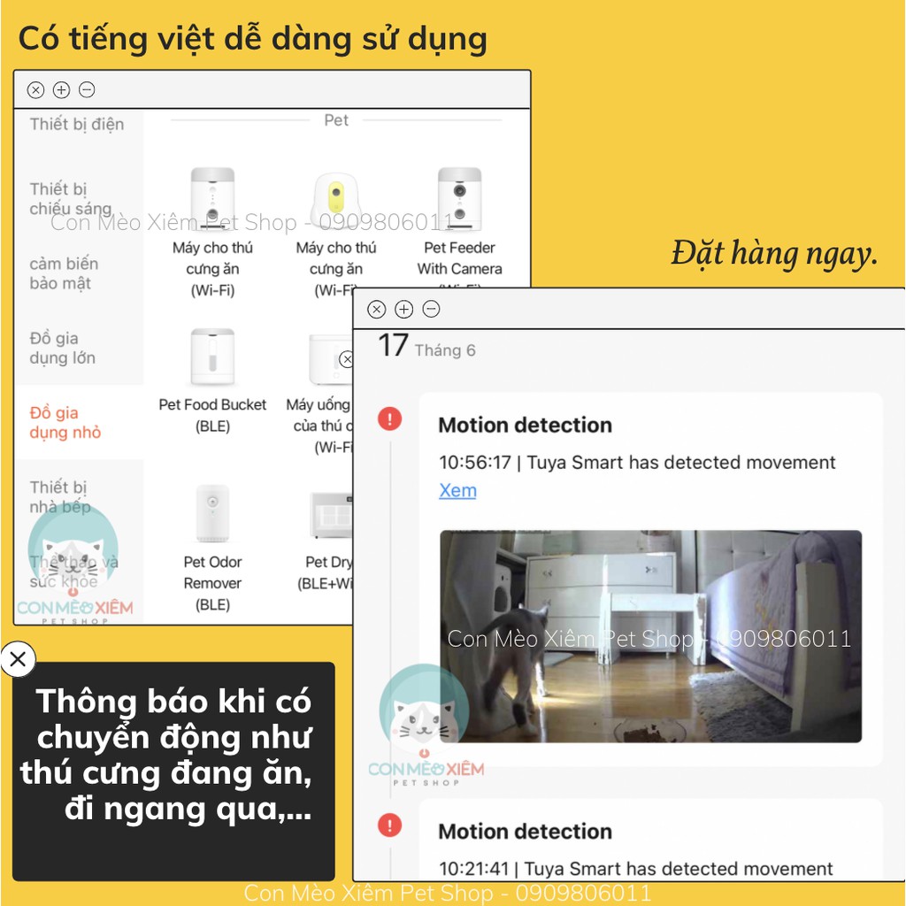 Máy cho ăn tự động chó mèo Tuya smart 6L 9L camera video app, máy nhả hạt, thả hạt thức ăn thú cưng Con Mèo Xiêm