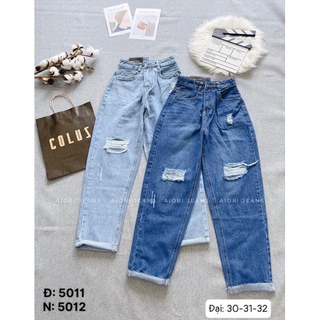 Quần Jeans Nữ, Quần Baggy Jeans Lưng Cao Baggy Bò Trơn Rách Gối Lai Tua Phong Cách Thời Trang_ Mã 5012