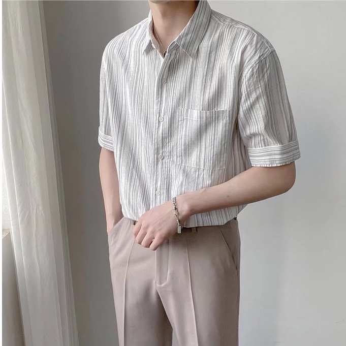 Áo Sơ Mi Tay Ngắn Họa Tiết Sọc Thời Trang Phong Cách Hàn Quốc Cho Nam Simple sơ mi trắng nam Bigsize áo nam form rộng lụa áo sơ mi nam ngắn tay