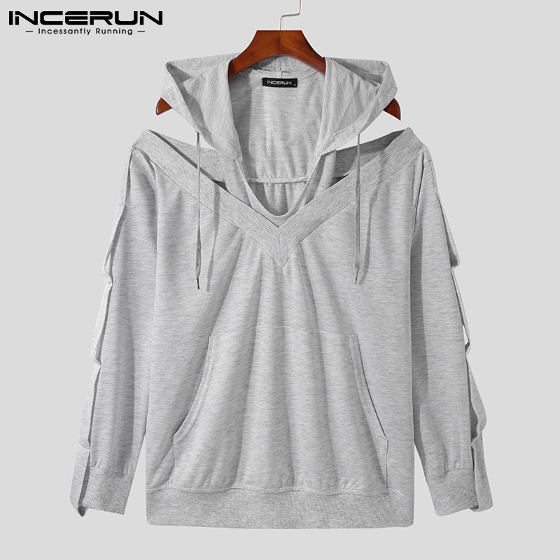 Áo sweatshirt INCERUN tay dài thiết kế khoét lỗ thời trang màu trơn có mũ trùm cho nam