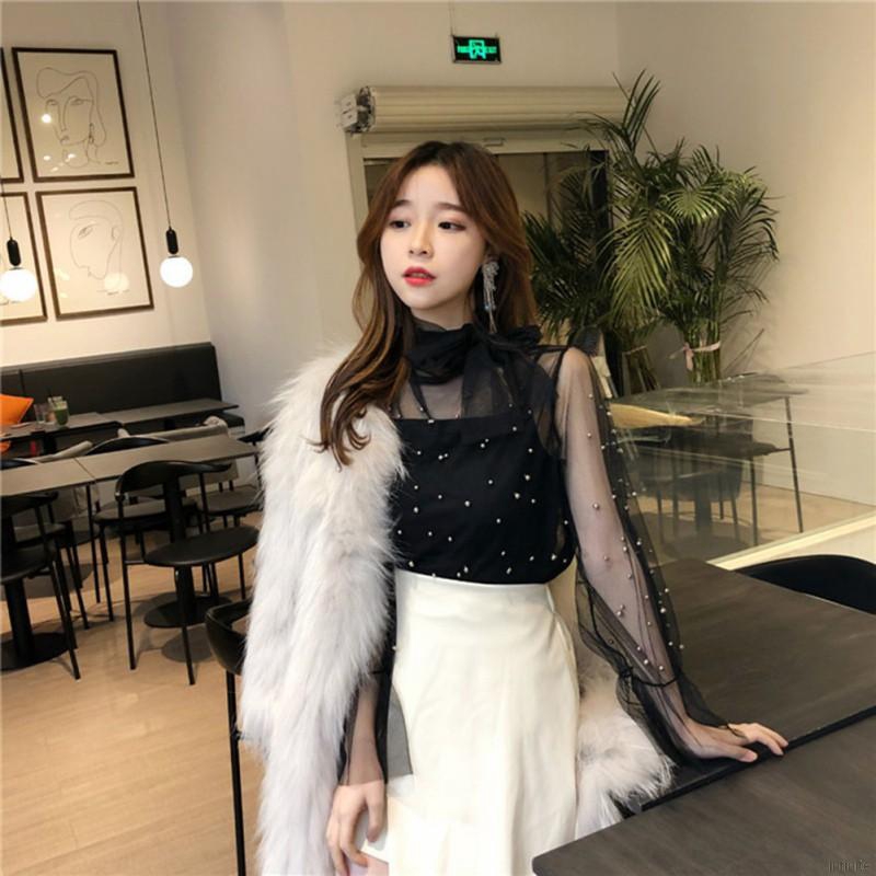 Áo kiểu cổ nơ tay dài ống loe phối lưới xuyên thấu thời trang cho nữ | BigBuy360 - bigbuy360.vn