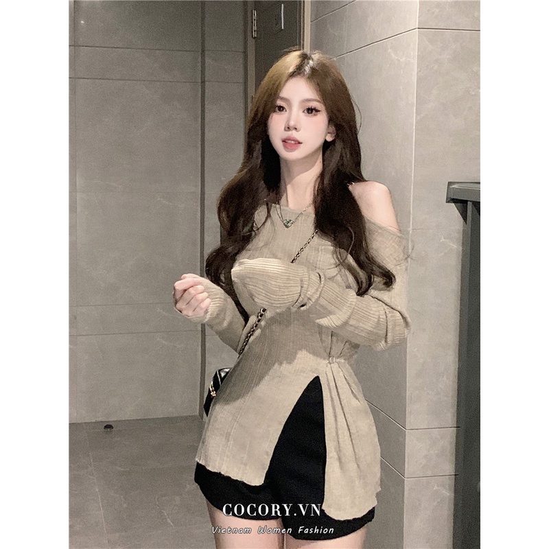 Cocory Vn Set Áo Trễ Vai Dài Tay + Quần Short Lưng Cao Thời Trang Nữ