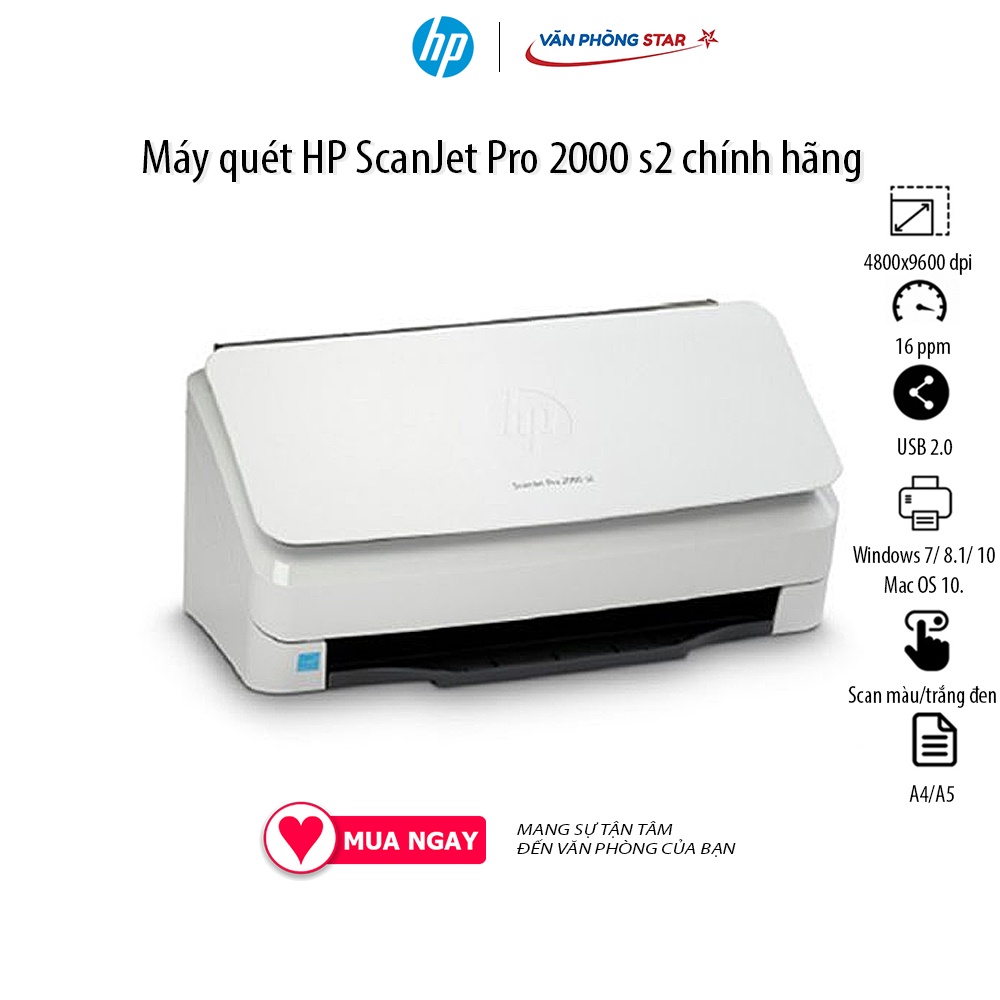 Máy quét / Scanner HP 2000 S2 (6FW06A) Độ phân giải 600 dpi, Tốc độ Lên đến 35 ppm/70 ipm, Máy scan dạng nạp Giấy rời