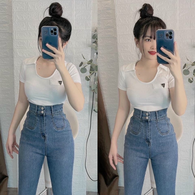 Áo thun body cổ bẻ U phối lô gô | BigBuy360 - bigbuy360.vn