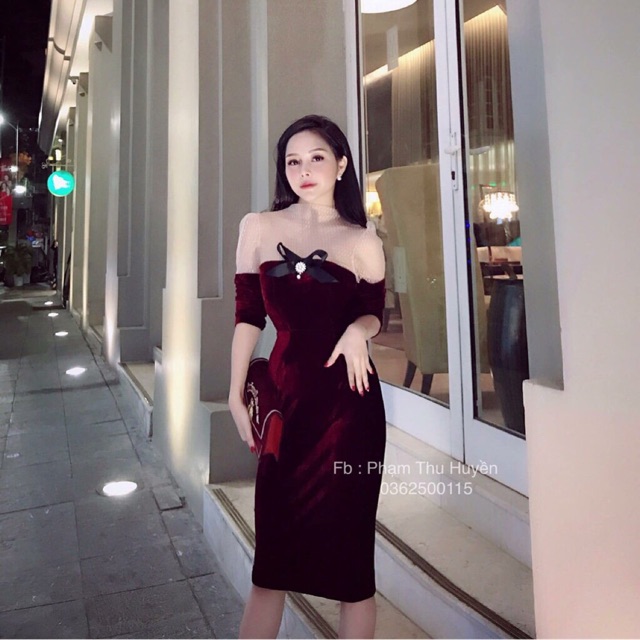 Váy body nhung pha lưới tag nơ siêu xinhhh