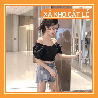 🌲 [Year End Sale] 11242B1 Áo kiểu nữ croptop tay phồng ngắn, đăp chéo ngực, vải kate siêu đẹp