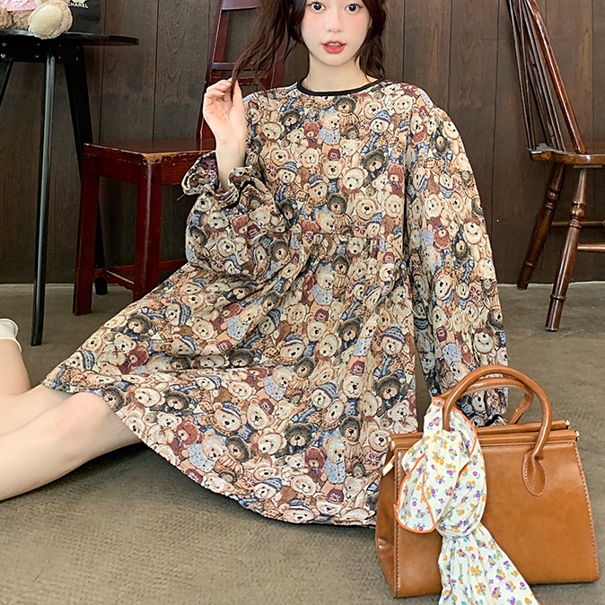 Đầm Tay Phồng Dài Dáng Rộng In Hình Gấu Dễ Thương Phong Cách Retro Pháp Cho Nữ