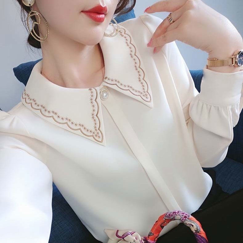 Áo sơ mi voan tay dài thêu họa tiết thời trang dành cho nữ