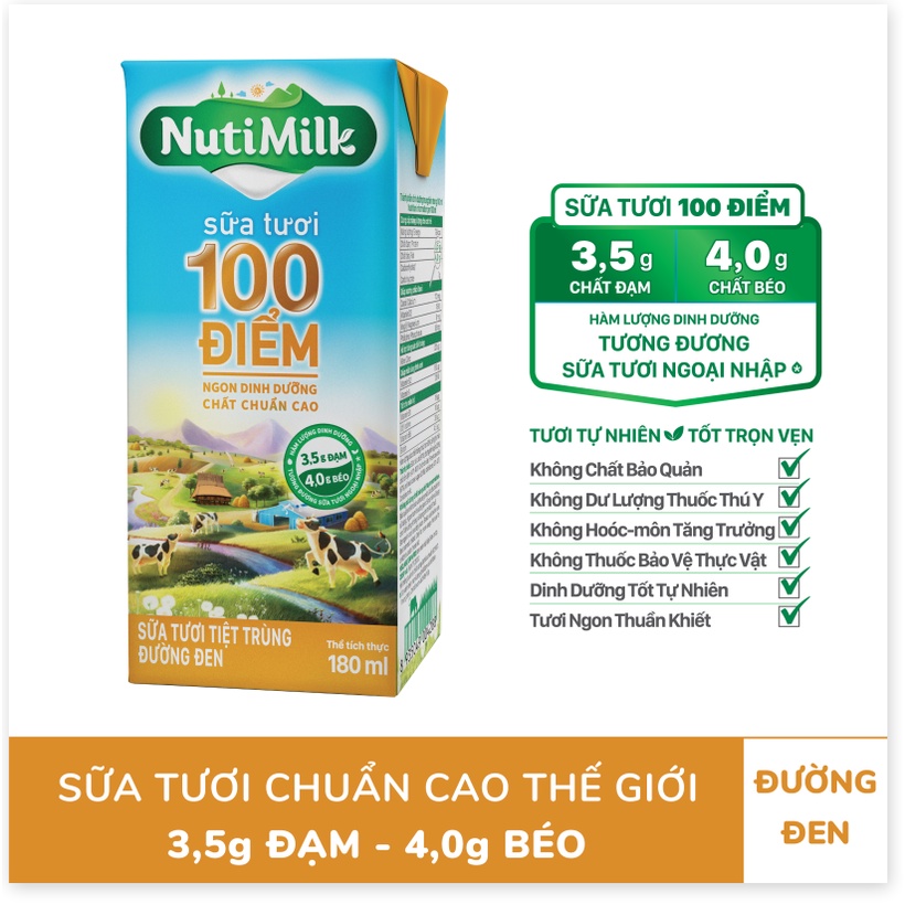 Combo 4 hộp Sữa tươi đường đen 100 điểm NutiMilk 180mL - Sữa tươi chuẩn cao thế giới hương vị thơm ngon- NUTIFOOD