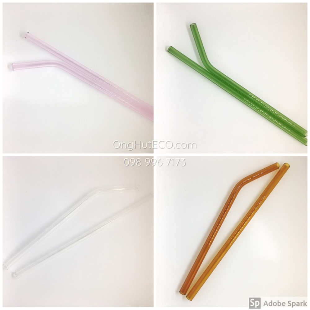 Combo 4 Ống Hút Thủy Tinh Chịu Nhiệt Cong và Thẳng , Dài 20cm, kèm Túi Vải và Cọ Rửa