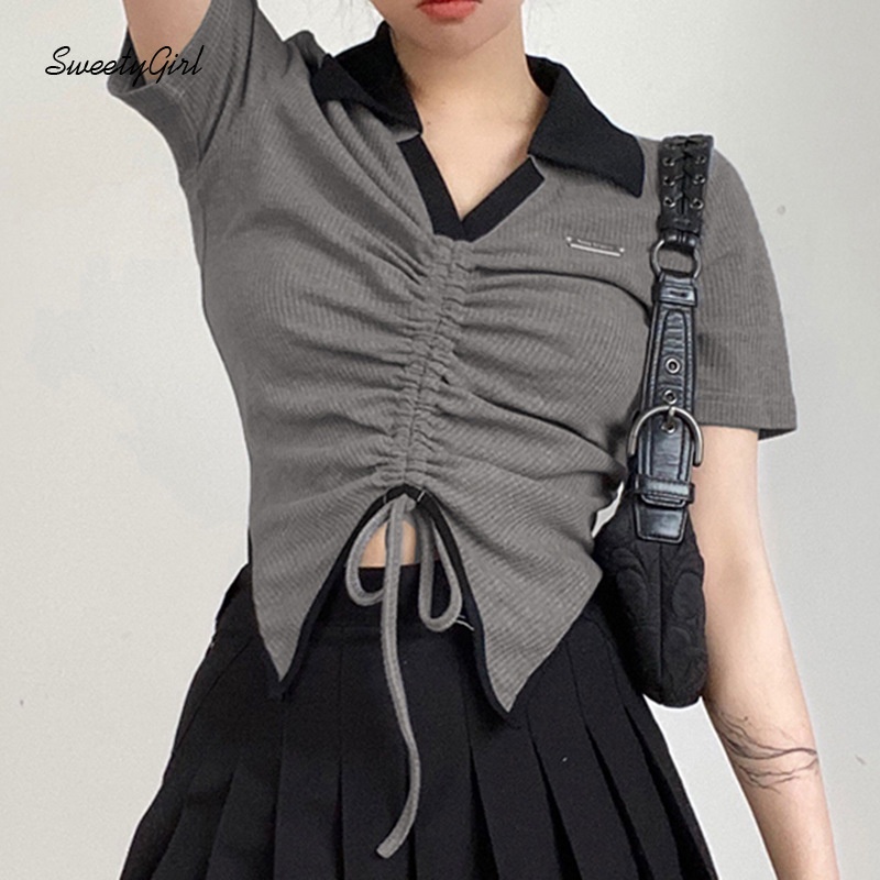 Áo Croptop Dệt Kim Tay Ngắn Cổ Bẻ Màu Sắc Tương Phản Dành Cho Nữ