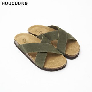 Dép unisex HuuCuong quai chéo da bò rêu đế trấu handmade