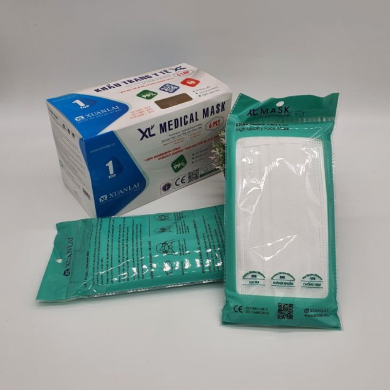 Hộp khẩu trang y tế 4 lớp kháng khuẩn quai vải không đau tai Xuân Lai 50 cái