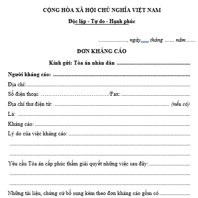 Mẫu đơn kháng cáo hình sự, kháng cáo dân sự + bản hướng dẫn của Luật sư về cách ghi đơn kháng cáo