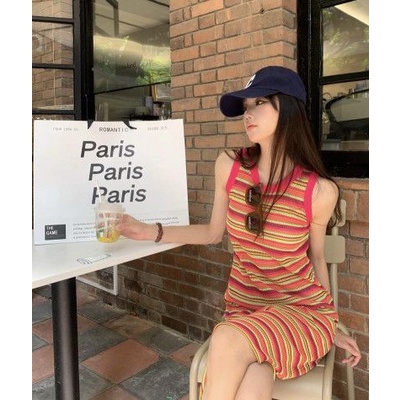 Váy sát nách cổ tròn lưới phối màu cầu vồng cá tính