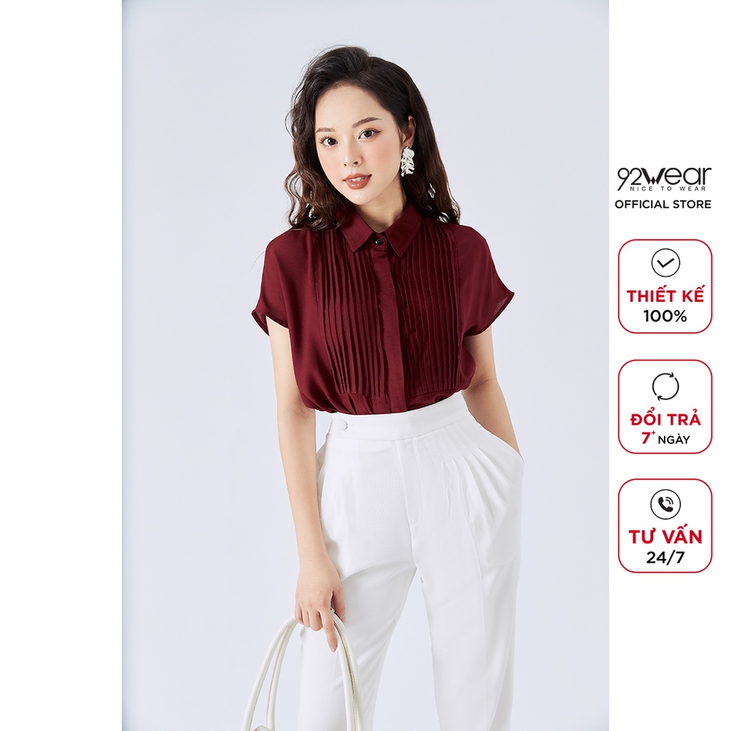 Áo sơ mi voan nữ công sở 92WEAR đủ màu thiết kế gấp ly thân trước ASA1044