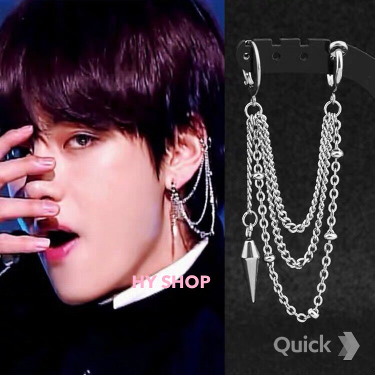 hoa tai khuyên tai giống BTS V kéo sợi 3 xích và đầu nhọn- khuyên titan nam nữ unisex BTS không gỉ