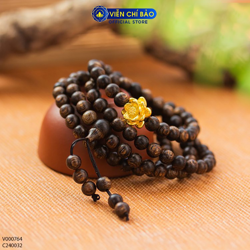 Vòng tay Trầm hương sánh chìm 108 hạt mix Charm sen vàng 24K phụ kiện trang sức Viễn Chí Bảo V000850