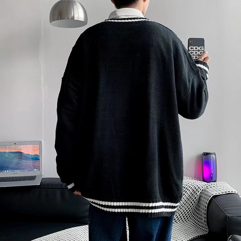 Áo sweater dệt kim tay dài cổ chữ V dáng rộng phong cách Nhật Bản cho nam