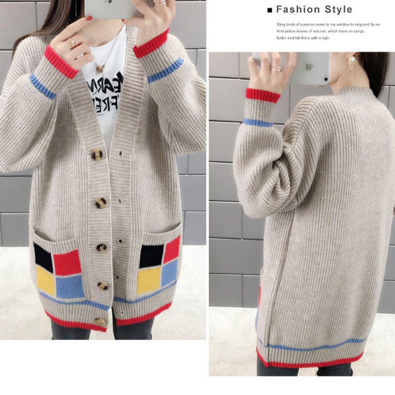 Áo Khoác Dệt Kim Tay Dài Màu Sắc Tương Phản Phong Cách Hàn Quốc Thời Trang Mùa Thu Cho Nữ