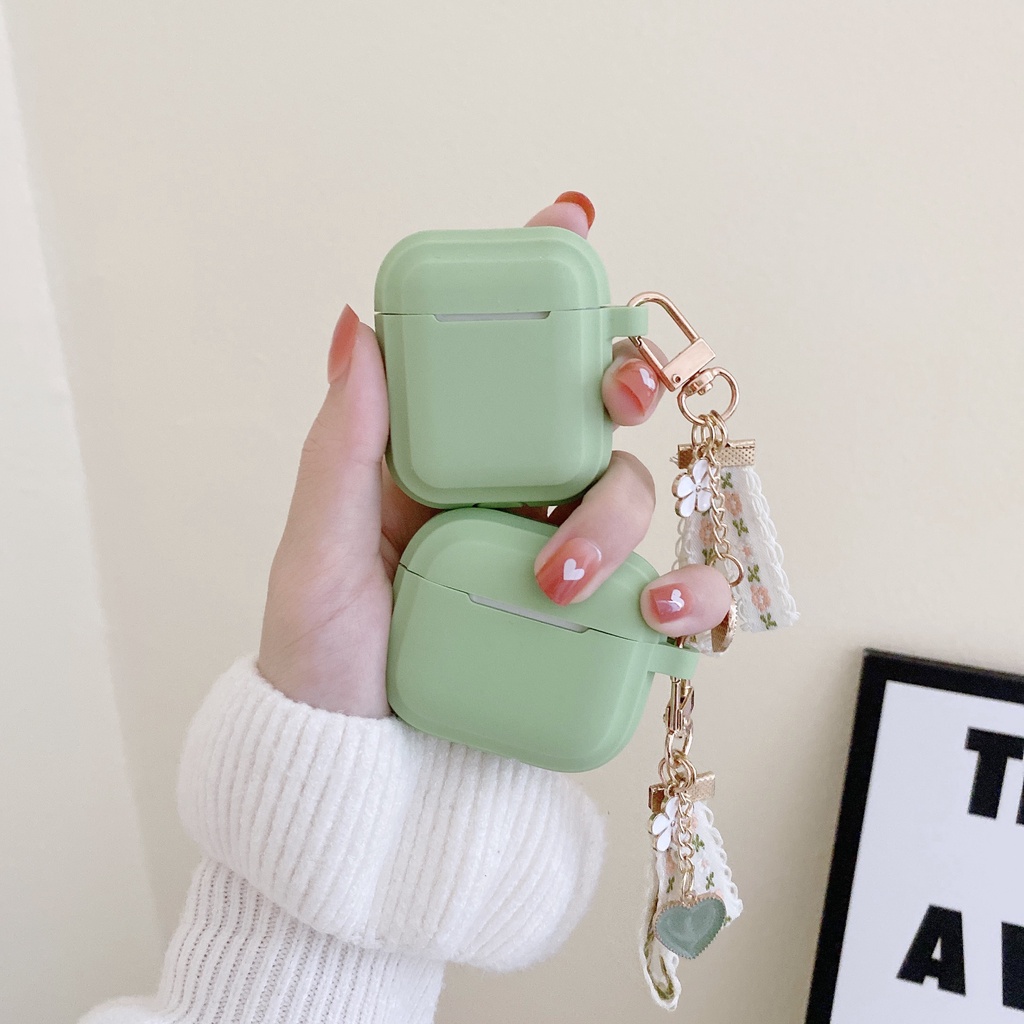 Vỏ Bảo Vệ Hộp Sạc Tai Nghe Airpod 1 2 3 pro Bằng tpu Mềm Hình Vuông Màu Xanh Matcha Phối Vải Họa Tiết Trái Tim