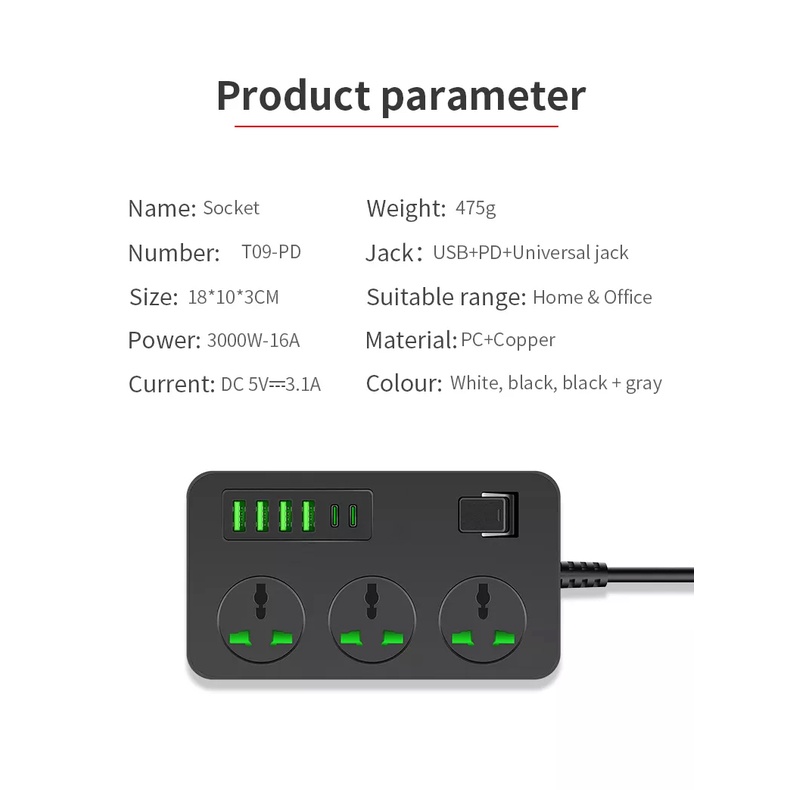 Ổ điện đa năng thông minh POWER T09-PD điện áp 265v 4 cổng sạc usb 2 cổng typec và 3 ổ cắm điện an toàn chống cháy nổ